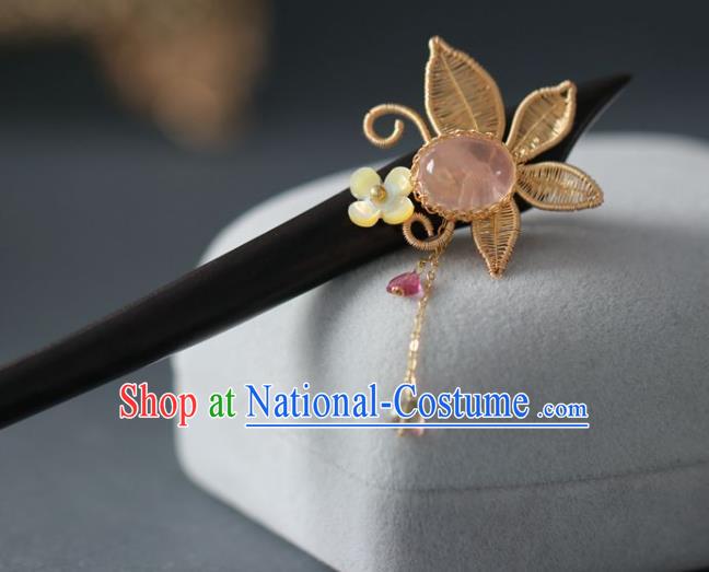 Handmade Chinese Cheongsam Pink Chalcedony Hair Clip Traditional Hanfu Hair Accessories Ebony Hairpins for Women