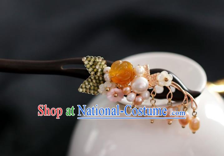 Handmade Chinese Cheongsam Yellow Rose Hair Clip Traditional Hanfu Hair Accessories Pearls Tassel Ebony Hairpins for Women