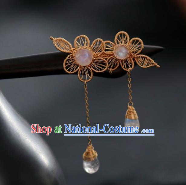 Handmade Chinese Cheongsam Crystal Tassel Hair Clip Traditional Hanfu Hair Accessories Silk Flower Ebony Hairpins for Women