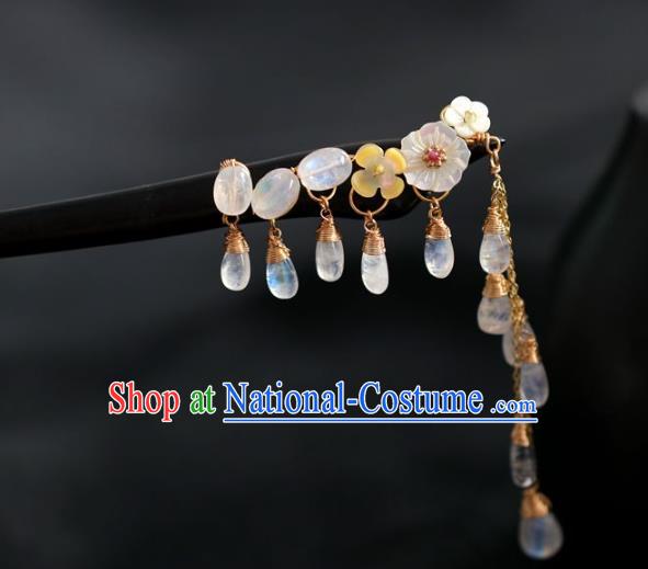 Handmade Chinese Cheongsam Moonstone Hair Clip Traditional Hanfu Hair Accessories Ebony Tassel Hairpins for Women