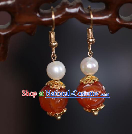 Chinese Handmade Hanfu Red Jade Earrings Traditional Ear Jewelry Accessories Classical Pearl Eardrop for Women