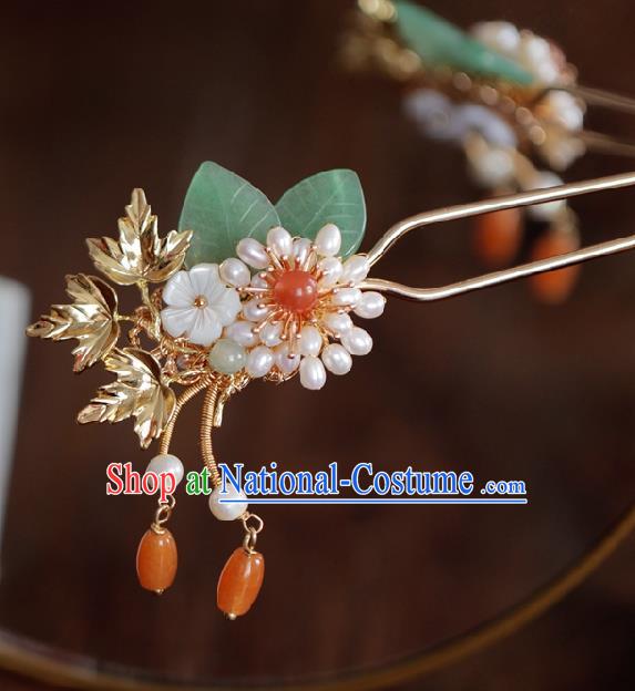 Handmade Chinese Cheongsam Golden Hair Clip Traditional Hanfu Hair Accessories Pearls Agate Hairpins for Women