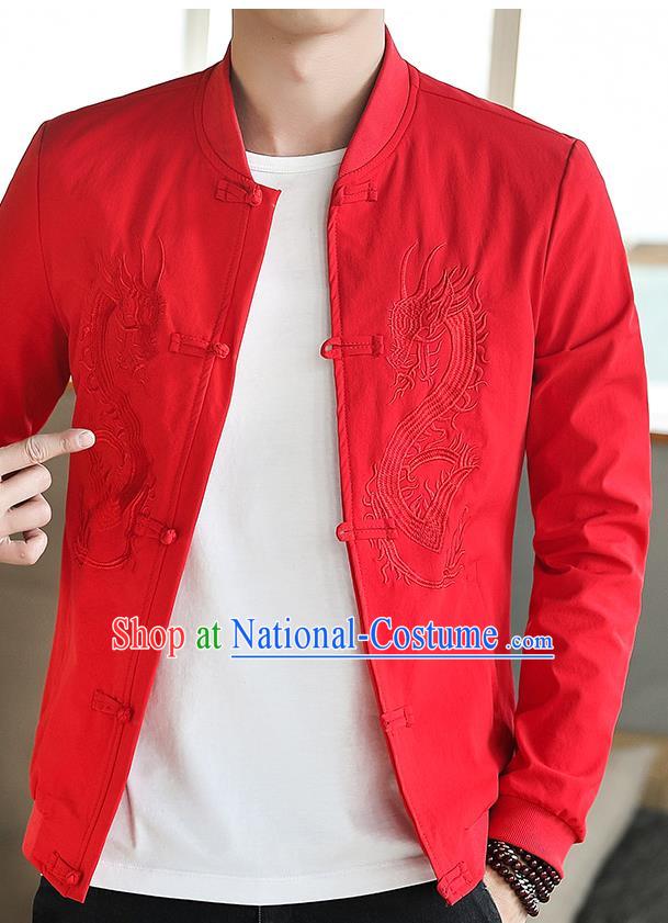 Chinese Traditional Embroidered Dragon Red Jacket Tang Suit Overcoat Costumes for Men