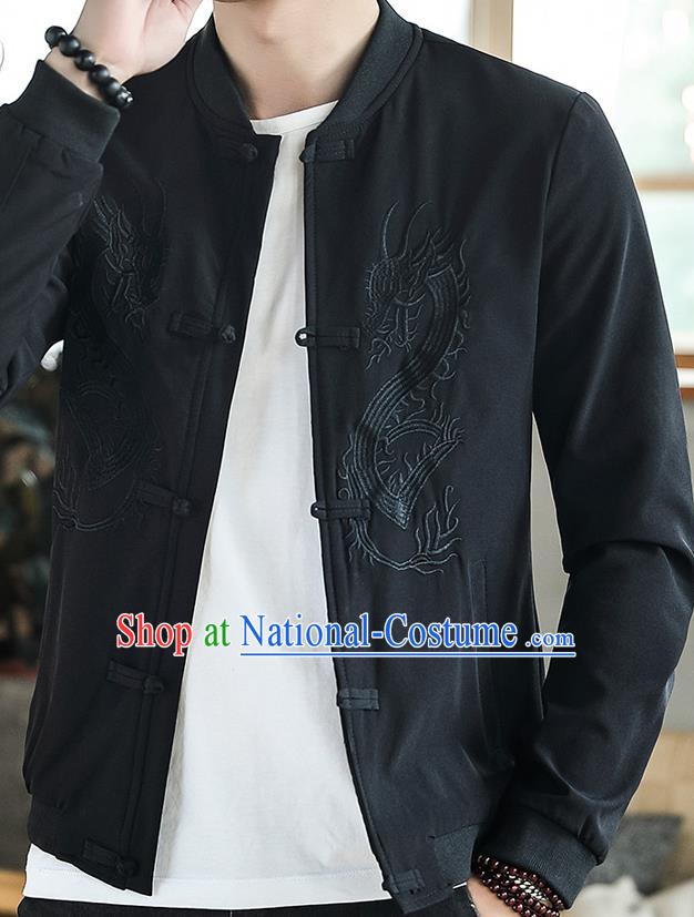 Chinese Traditional Embroidered Dragon Black Jacket Tang Suit Overcoat Costumes for Men