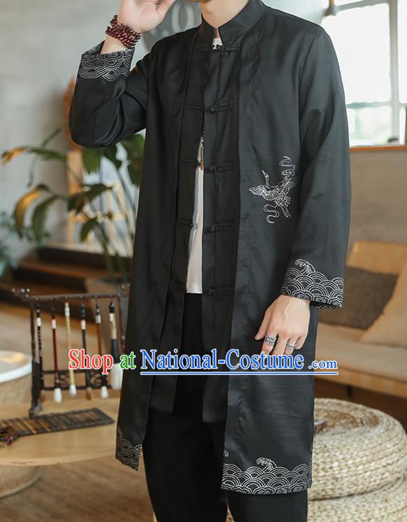 Chinese Traditional Embroidered Wave Black Dust Coat Tang Suit Overcoat Costumes Outer Garment for Men