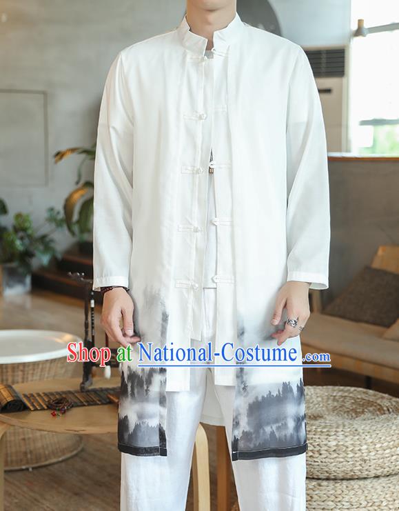 Chinese Traditional Ink Painting Chiffon Dust Coat Tang Suit Overcoat Costumes Outer Garment for Men