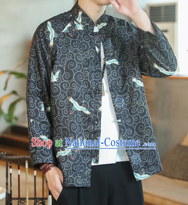 Chinese Traditional Printing Cranes Black Flax Jacket Tang Suit Overcoat Outer Garment Costumes for Men