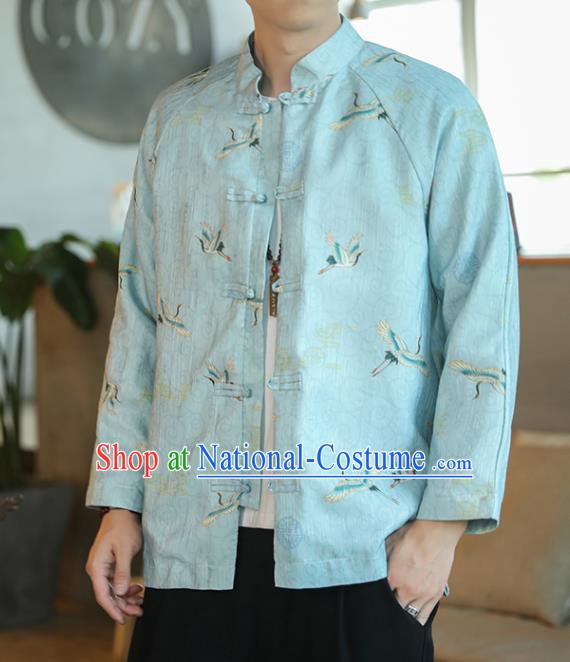 Chinese Traditional Printing Cranes Blue Flax Jacket Tang Suit Overcoat Outer Garment Costumes for Men