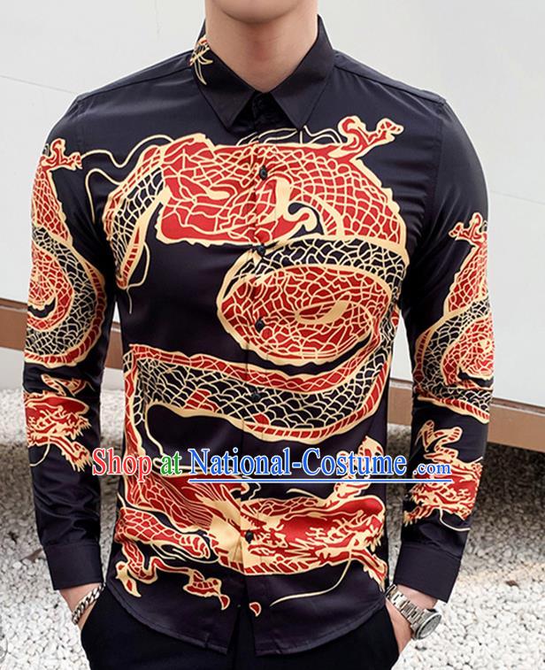 Chinese Traditional Dragon Pattern Black Shirt Tang Suit Upper Outer Garment Costumes Top Shellort for Men