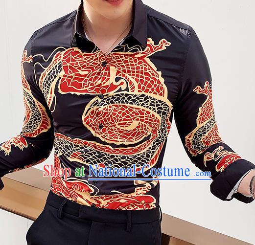 Chinese Traditional Dragon Pattern Black Shirt Tang Suit Upper Outer Garment Costumes Top Shellort for Men