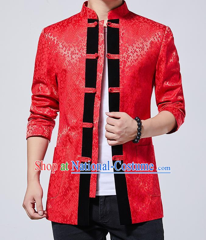 Chinese Traditional Sun Yat Sen Red Jacket Tang Suit Overcoat Outer Garment Costumes for Men