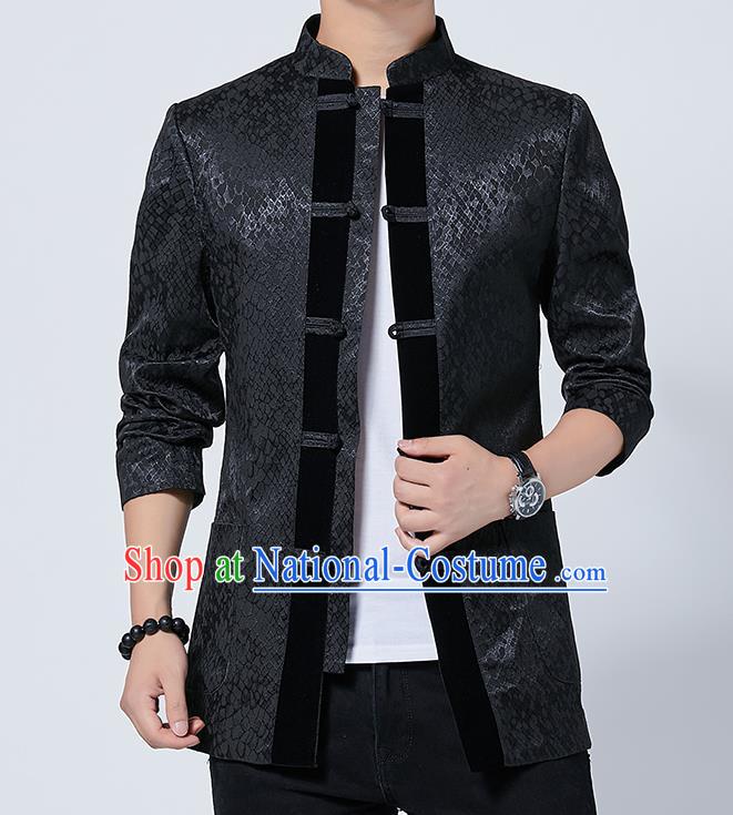 Chinese Traditional Sun Yat Sen Black Jacket Tang Suit Overcoat Outer Garment Costumes for Men