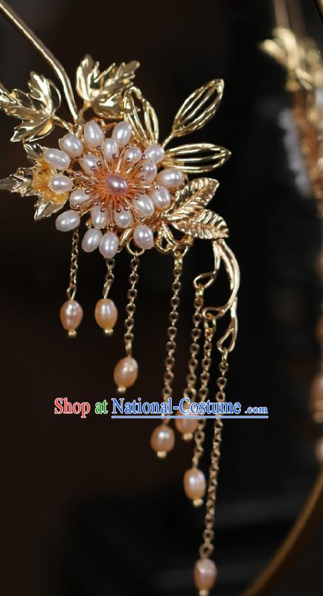 Handmade Chinese Cheongsam Pearls Flower Hair Clip Traditional Hanfu Hair Accessories Golden Tassel Hairpins for Women