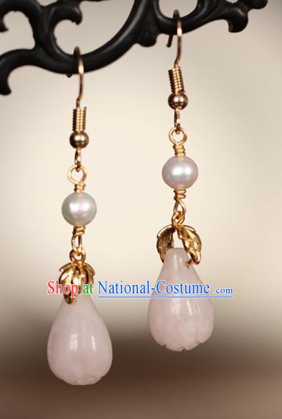 Chinese Handmade Hanfu Earrings Traditional Ear Jewelry Accessories Classical Pink Jade Eardrop for Women