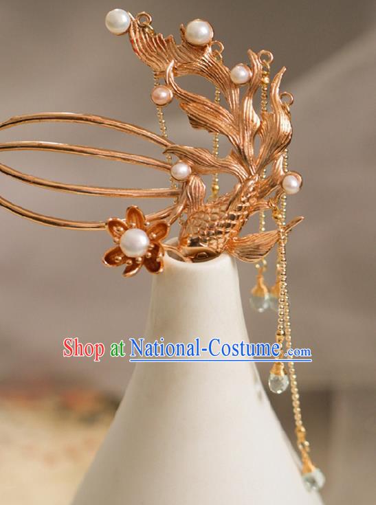 Chinese Cheongsam Golden Phoenix Hair Comb Traditional Hanfu Hair Accessories Handmade Song Dynasty Tassel Hairpins for Women