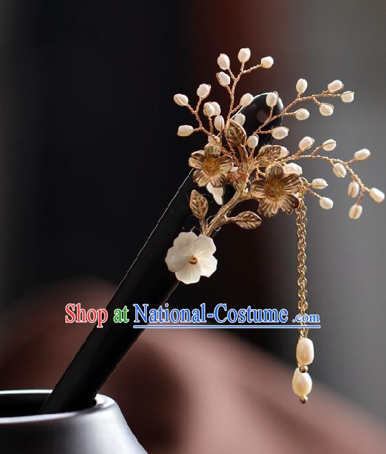 Chinese Cheongsam Ebony Hair Clip Traditional Hanfu Hair Accessories Handmade Shell Plum Tassel Hairpins for Women