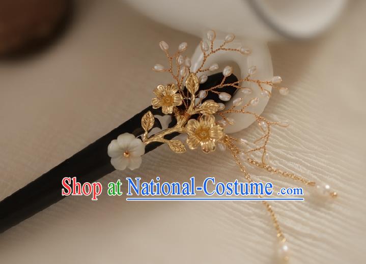 Chinese Cheongsam Ebony Hair Clip Traditional Hanfu Hair Accessories Handmade Shell Plum Tassel Hairpins for Women