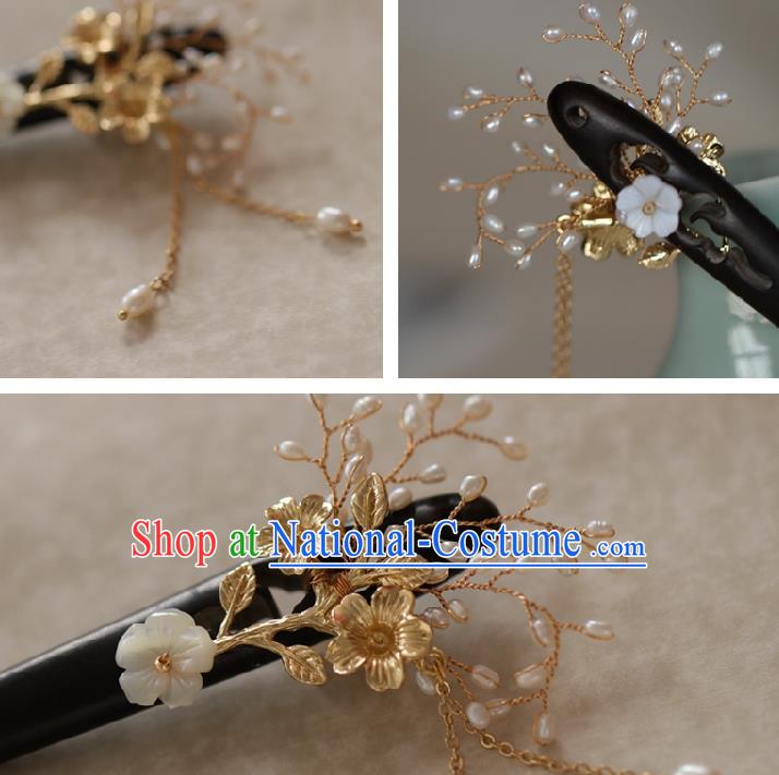 Chinese Cheongsam Ebony Hair Clip Traditional Hanfu Hair Accessories Handmade Shell Plum Tassel Hairpins for Women