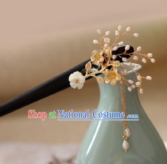 Chinese Cheongsam Ebony Hair Clip Traditional Hanfu Hair Accessories Handmade Shell Plum Tassel Hairpins for Women