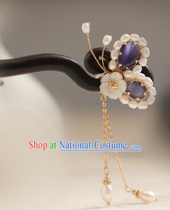 Chinese Cheongsam Pearls Ebony Hair Clip Traditional Hanfu Hair Accessories Handmade Purple Butterfly Hairpins for Women