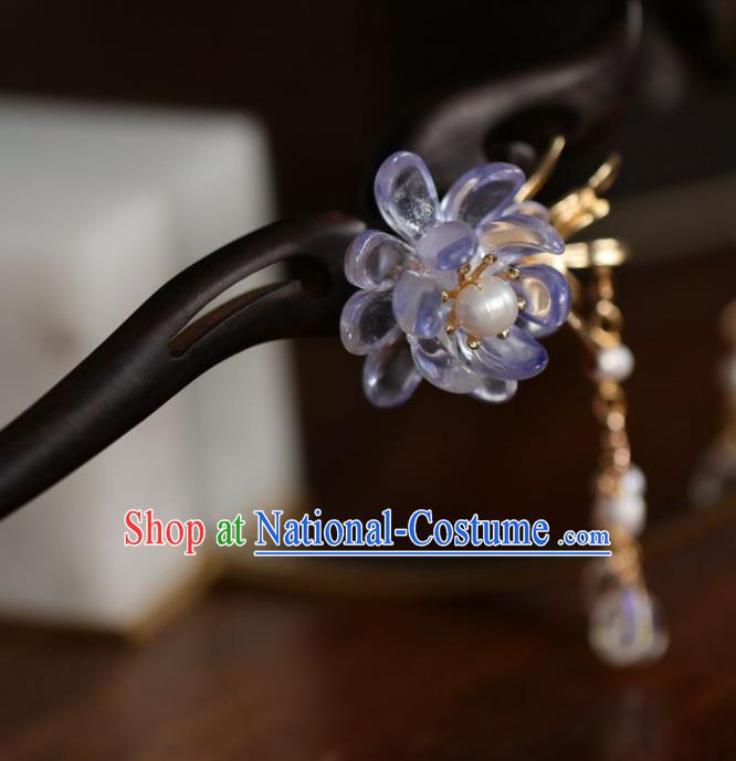 Handmade Chinese Cheongsam Crystal Flower Hair Clip Traditional Hanfu Hair Accessories Ebony Hairpins for Women