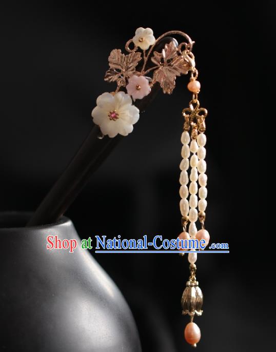 Chinese Cheongsam Pearls Tassel Ebony Hair Clip Traditional Hanfu Hair Accessories Handmade Shell Plum Hairpins for Women