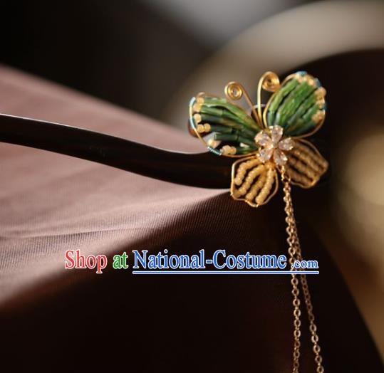 Handmade Chinese Cheongsam Beads Butterfly Hair Clip Traditional Hanfu Hair Accessories Golden Tassel Ebony Hairpins for Women