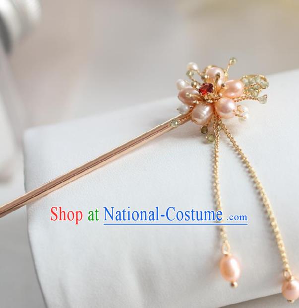 Chinese Cheongsam Pink Pearls Hair Clip Traditional Hanfu Hair Accessories Handmade Golden Hairpins for Women