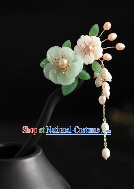 Chinese Cheongsam Pearls Tassel Hair Clip Traditional Hanfu Hair Accessories Handmade Ebony Green Peach Blossom Hairpins for Women