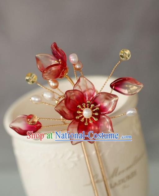 Chinese Cheongsam Red Flowers Hair Clip Traditional Hanfu Hair Accessories Handmade Peach Blossom Hairpins for Women