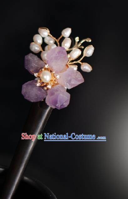 Chinese Cheongsam Purple Stone Hair Clip Traditional Hanfu Hair Accessories Handmade Pearls Ebony Hairpins for Women