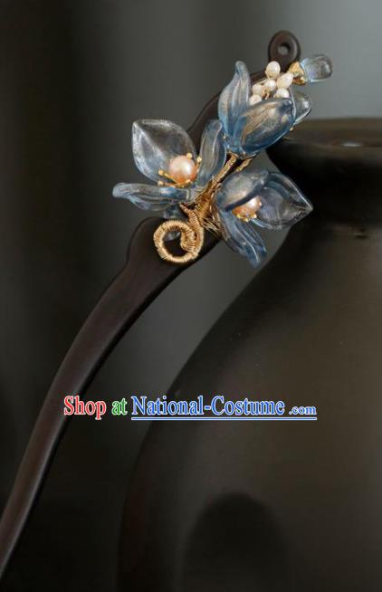 Chinese Cheongsam Ebony Hair Clip Traditional Hanfu Hair Accessories Handmade Blue Yulan Magnolia Hairpins for Women