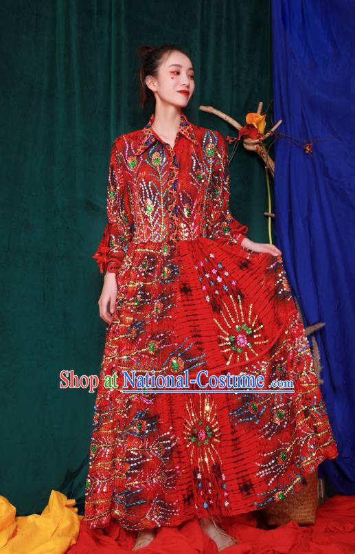 Thailand Traditional Embroidery Beads Red Dress Photography Informal Costumes for Women