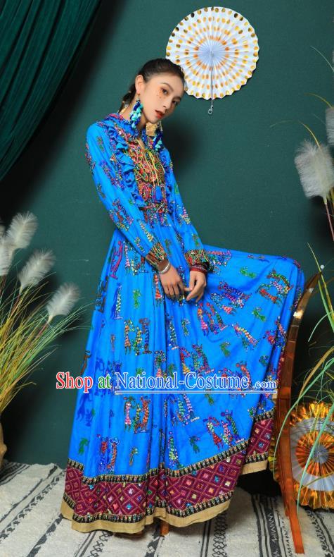 Thailand Traditional Embroidery Beads Blue Dress Photography Morocco National Informal Costumes for Women