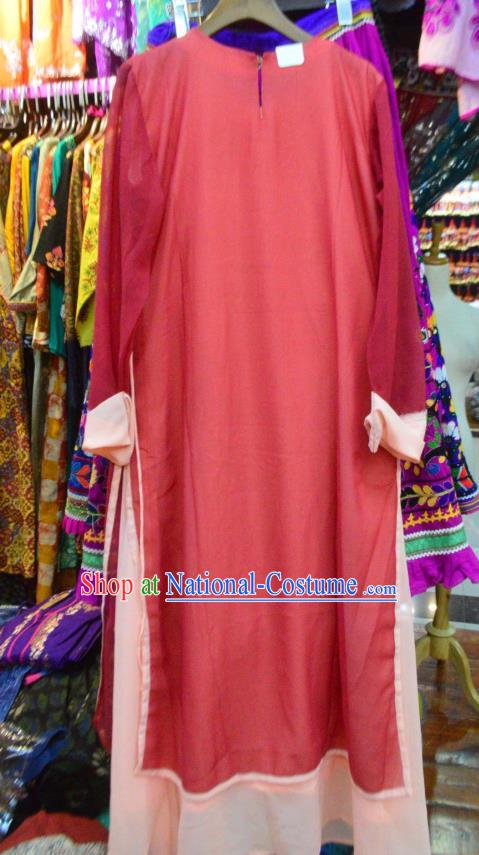 Thailand Traditional Handmade Embroidery Red Dress Photography Asian Indian National Informal Costumes for Women