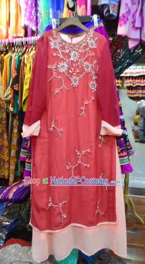 Thailand Traditional Handmade Embroidery Red Dress Photography Asian Indian National Informal Costumes for Women