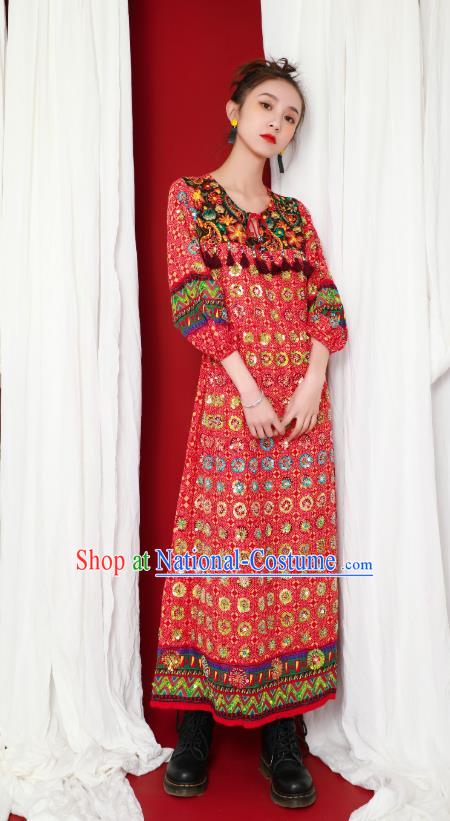 Thailand Traditional Handmade Red Dress Photography Asian Indian National Informal Beading Costumes for Women