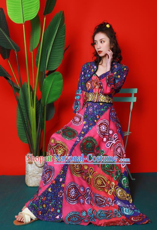 Thailand Traditional Handmade Beading Rosy Dress Photography Asian Indian National Informal Costumes for Women