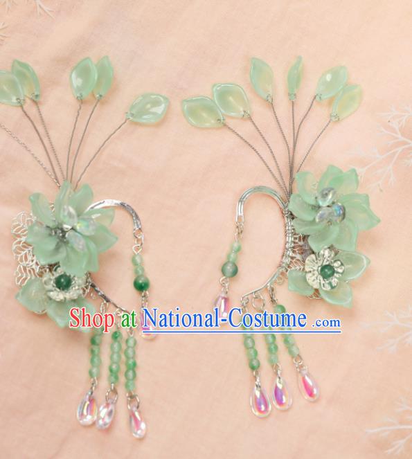 Traditional Chinese Green Flowers Ear Accessories Handmade Tassel Eardrop Ancient Princess Earrings Pendant for Women