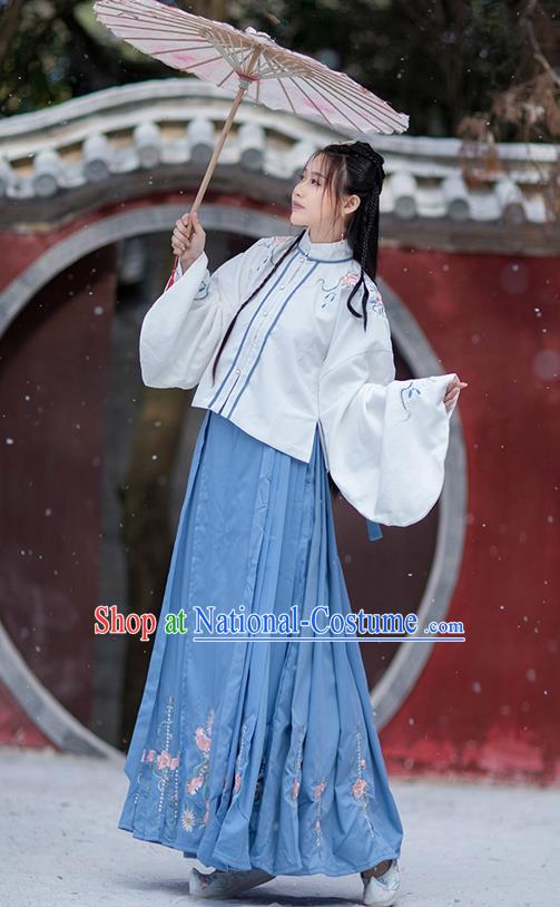 Traditional Chinese Ming Dynasty Costumes Hanfu Garment Ancient Noble Lady Embroidered White Blouse and Blue Skirt Full Set