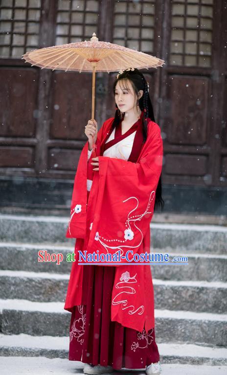 Chinese Ming Dynasty Female Swordsman Costumes Traditional Hanfu Garment Ancient Young Lady Embroidered Red Cloak Blouse and Skirt Full Set