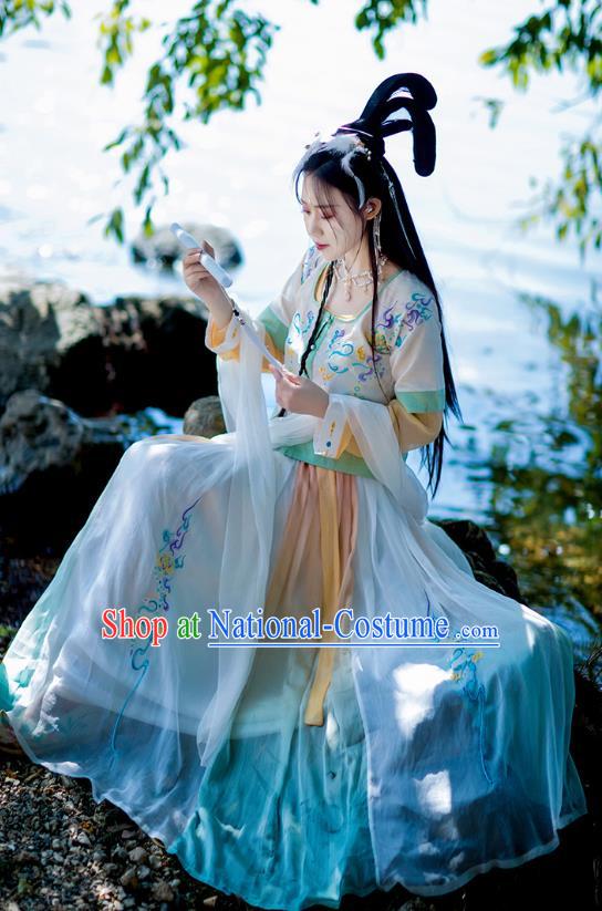 Chinese Tang Dynasty Palace Lady Costumes Traditional Hanfu Ancient Goddess Embroidered Half Sleeved Garment Blouse and Skirt Full Set