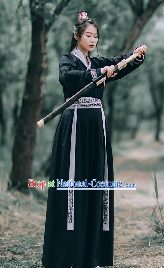 Chinese Ming Dynasty Swordsman Costumes Traditional Hanfu Garment Ancient Young Knight Black Shirt and Skirt Full Set