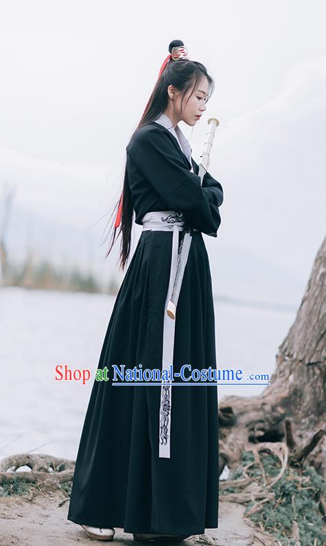 Chinese Ming Dynasty Swordsman Costumes Traditional Hanfu Garment Ancient Young Knight Black Shirt and Skirt Full Set