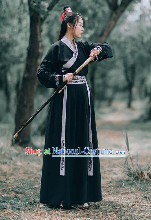 Chinese Ming Dynasty Swordsman Costumes Traditional Hanfu Garment Ancient Young Knight Black Shirt and Skirt Full Set