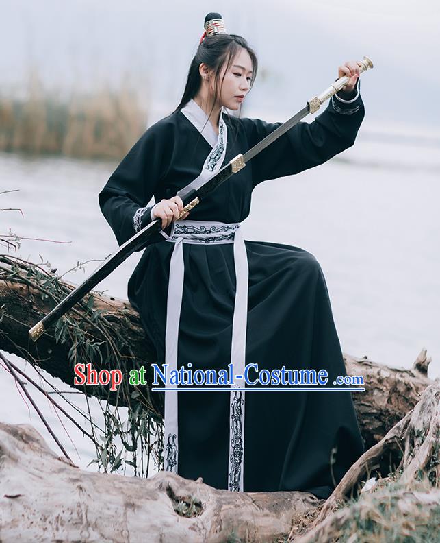 Chinese Ming Dynasty Swordsman Costumes Traditional Hanfu Garment Ancient Young Knight Black Shirt and Skirt Full Set