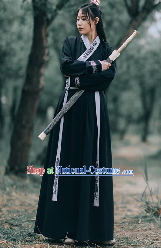 Chinese Ming Dynasty Swordsman Costumes Traditional Hanfu Garment Ancient Young Knight Black Shirt and Skirt Full Set