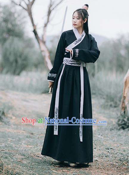 Chinese Ming Dynasty Swordsman Costumes Traditional Hanfu Garment Ancient Young Knight Black Shirt and Skirt Full Set