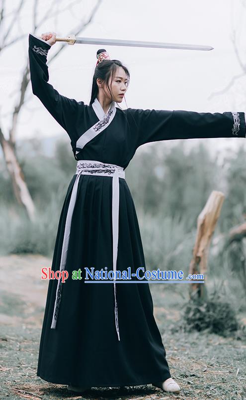 Chinese Ming Dynasty Swordsman Costumes Traditional Hanfu Garment Ancient Young Knight Black Shirt and Skirt Full Set