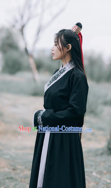 Chinese Ming Dynasty Swordsman Costumes Traditional Hanfu Garment Ancient Young Knight Black Shirt and Skirt Full Set